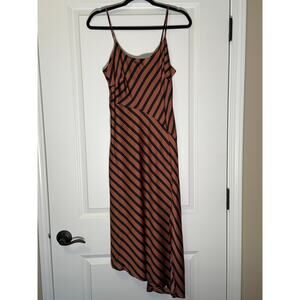 Black and Brown Striped Satin Midi Slip Dress